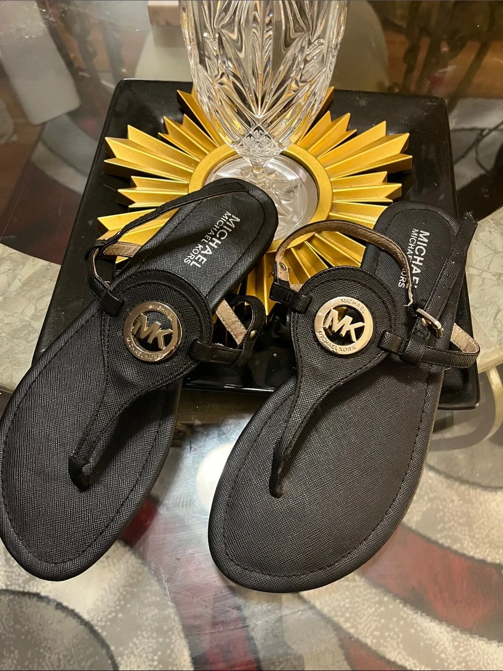 Michael Kors Black Logo Thong Sandals with Gold Medallion 💋